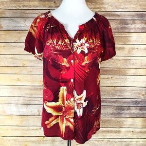 Lucky Brand Red Yellow Floral Button Up Blouse